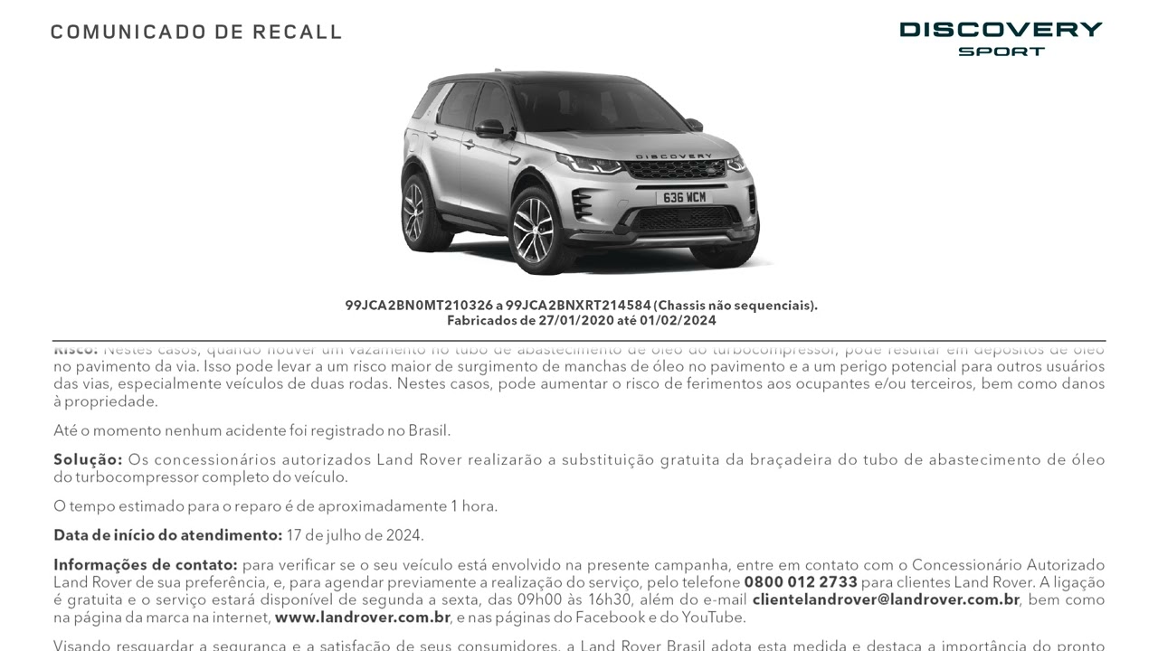 Comunicado Recall Discovery Sport