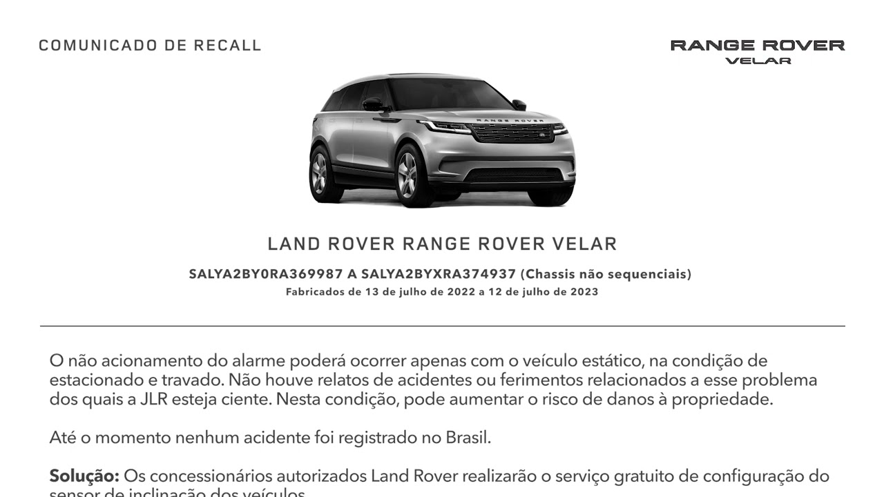 Comunicado Recall Range Rover Velar