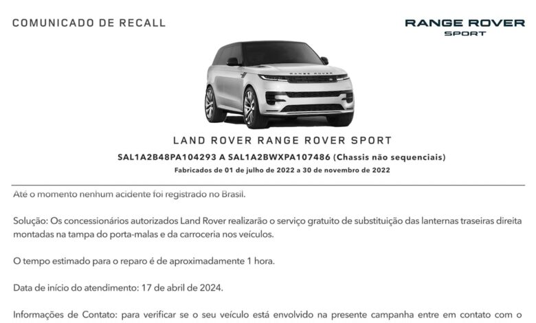 Comunicado de Recall Range Rover Sport